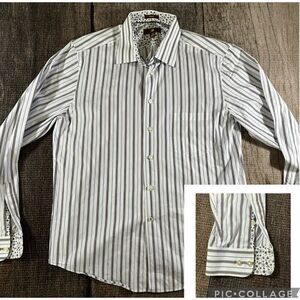 Egara Dress Shirt Mens XL Slim Fit Blue Brown White Striped L/ Sleeve